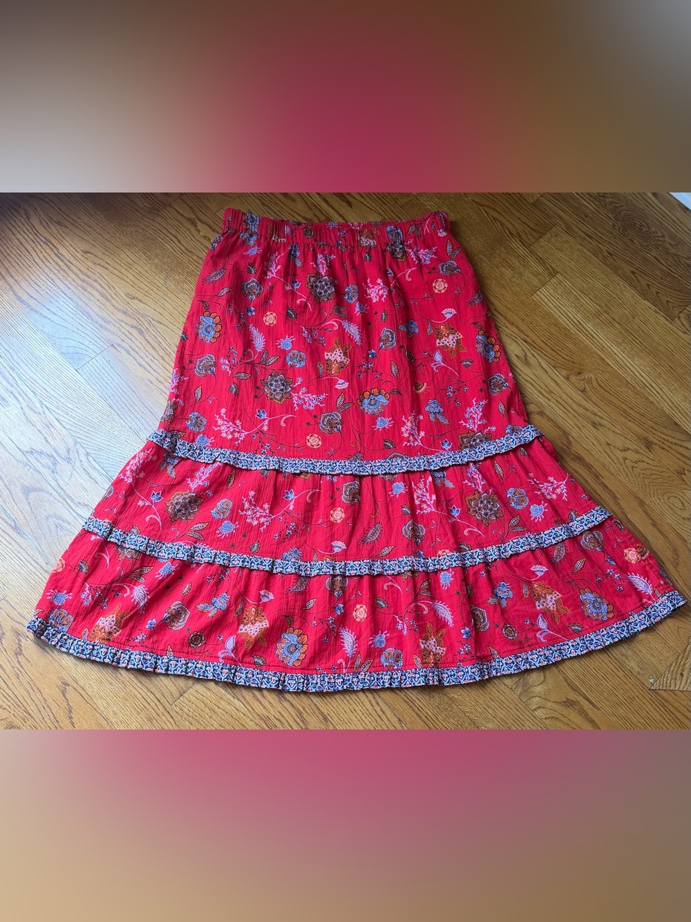 J. Jill Tiered Boho Skirt Red Floral Paisley Ruffle Trim Cotton Midi M NWT